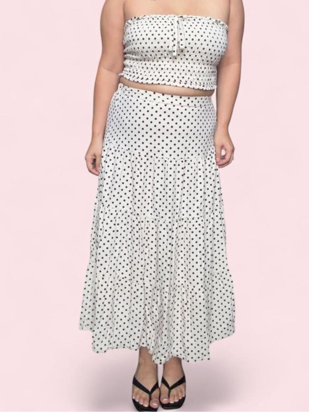 Cream Linen Polka Dot Tiered Maxi Skirt Set Sz Md
